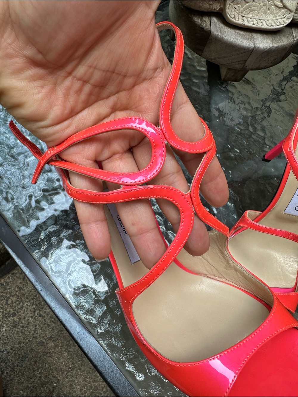 Jimmy Choo Lance Neon Pink Patent Leather Strappy Sandals - Picture 5 of 16